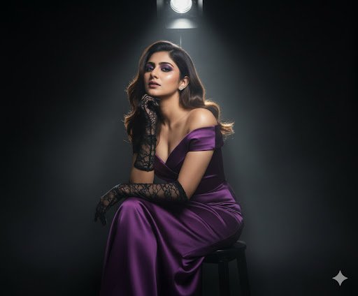 Elegant Woman in Purple Gown: Studio Fashion Portrait with Dramatic Lighting (Gemini Ai Prompt)